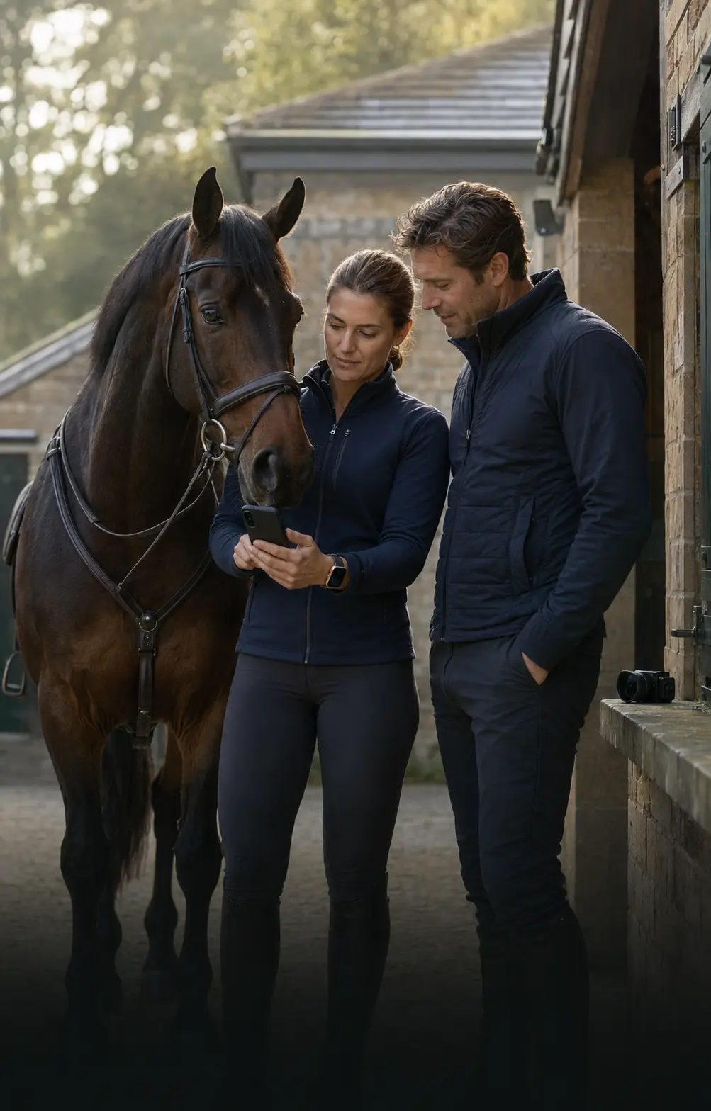 Horse owner and equine professional reviewing a horse's information together on a phone, with a camera and smartwatch ready for capture