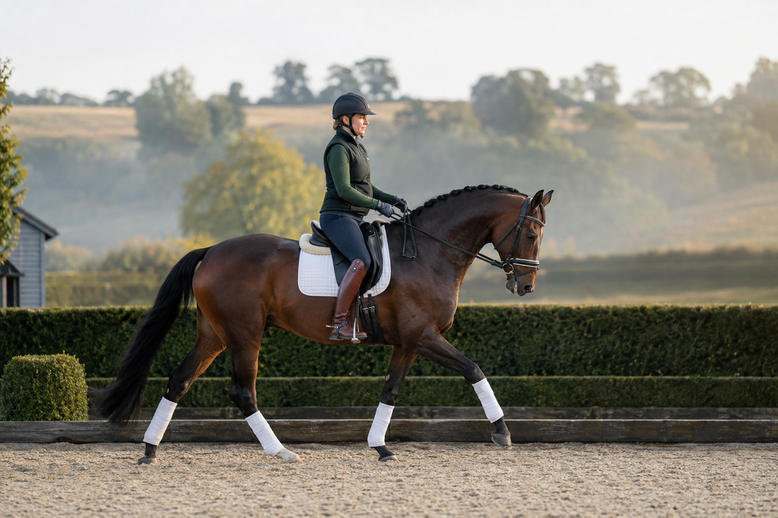 Professional dressage rider schooling a bay horse through a collected walk in an outdoor arena at dawn