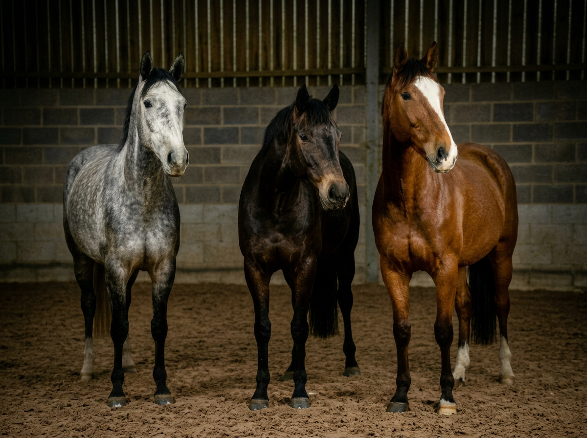 Three horses standing together in an indoor arena