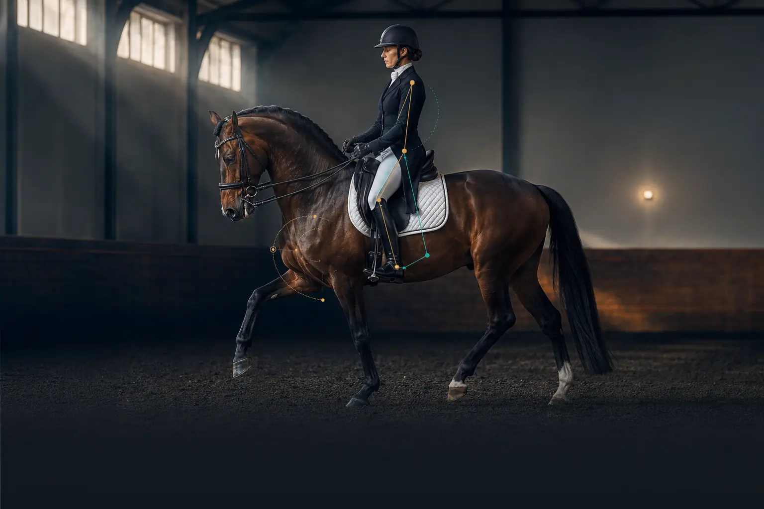 Dressage rider and horse with refined biomechanical alignment tracking